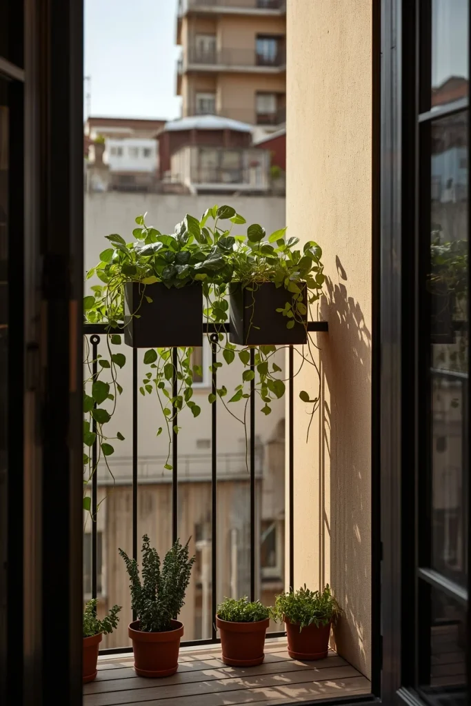 Hanging plants and wall planters decorating a narrow balcony