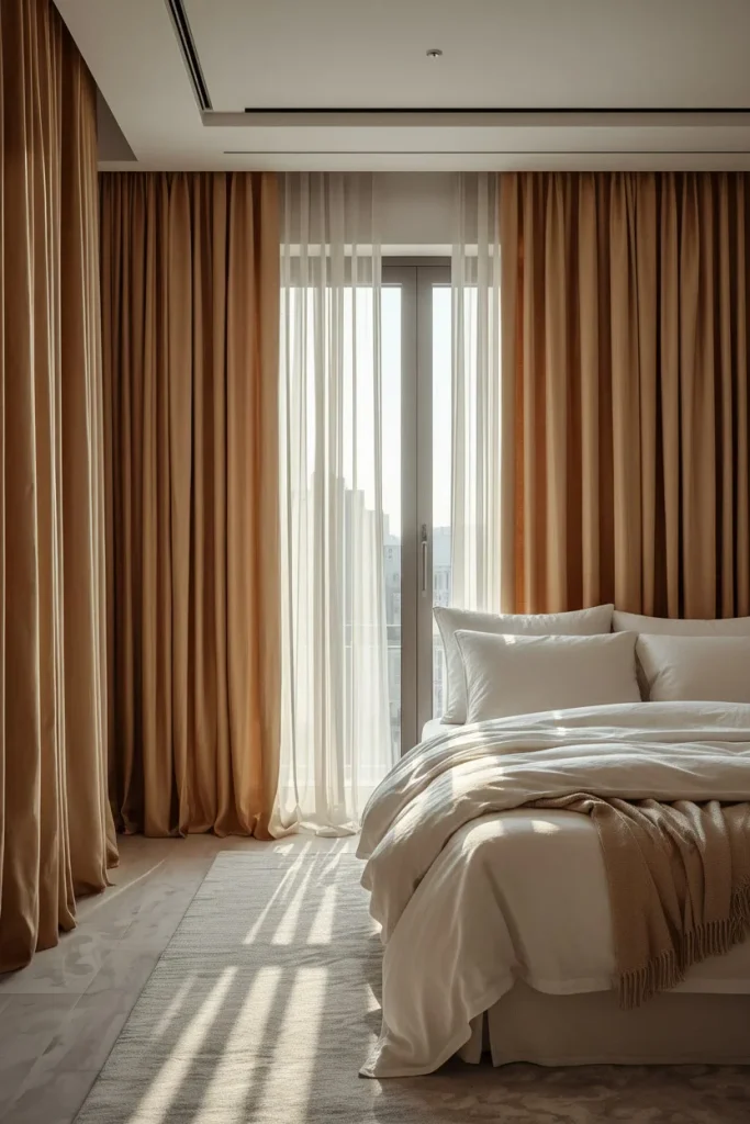Heavy linen curtains framing a warm modern bedroom