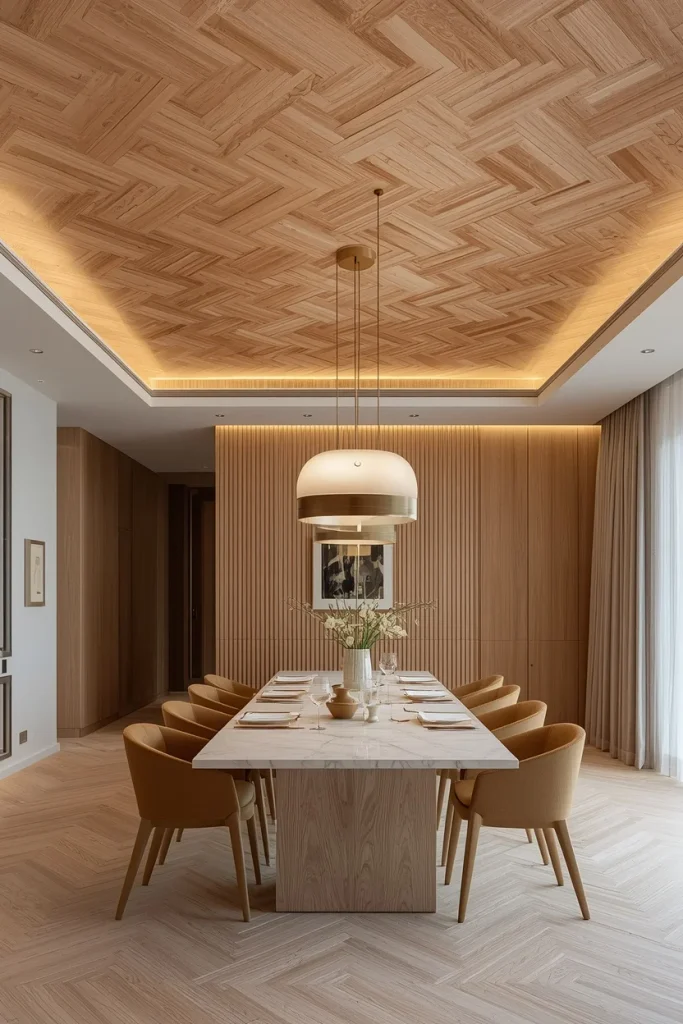Herringbone wood plank ceiling above a dining table