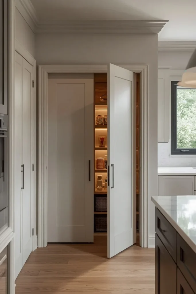 Hidden walk-in corner pantry with oak shelves