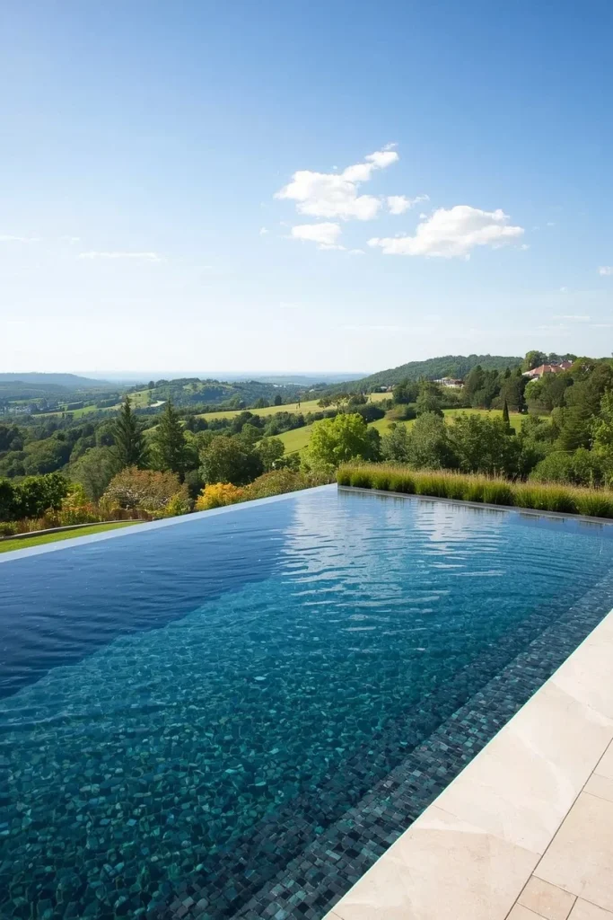 Modern infinity edge pool overlooking a scenic outdoor view