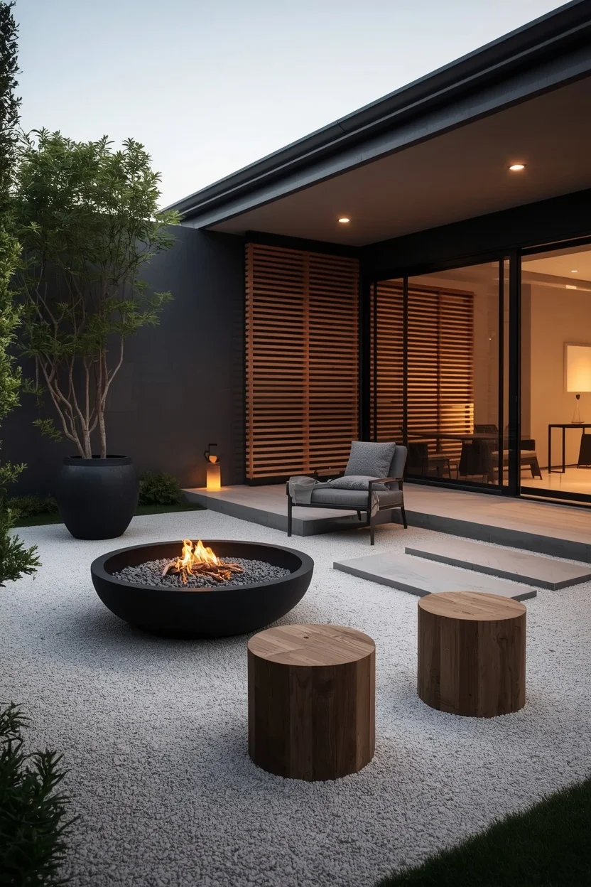 Japandi patio with low fire bowl and pale gravel