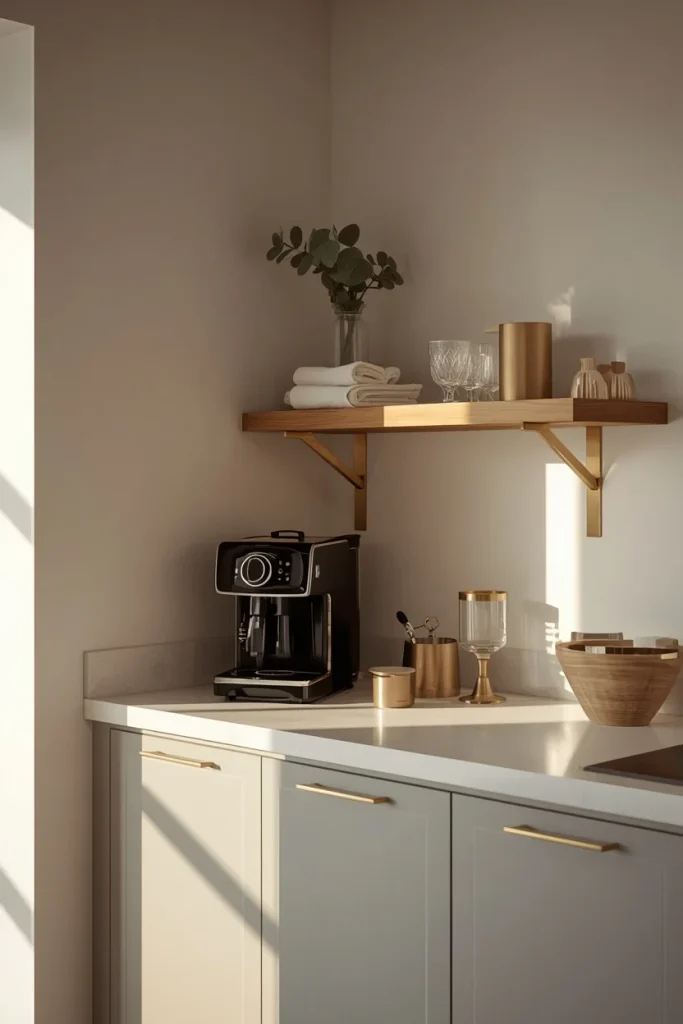 Stylish kitchen corner coffee station with shelves