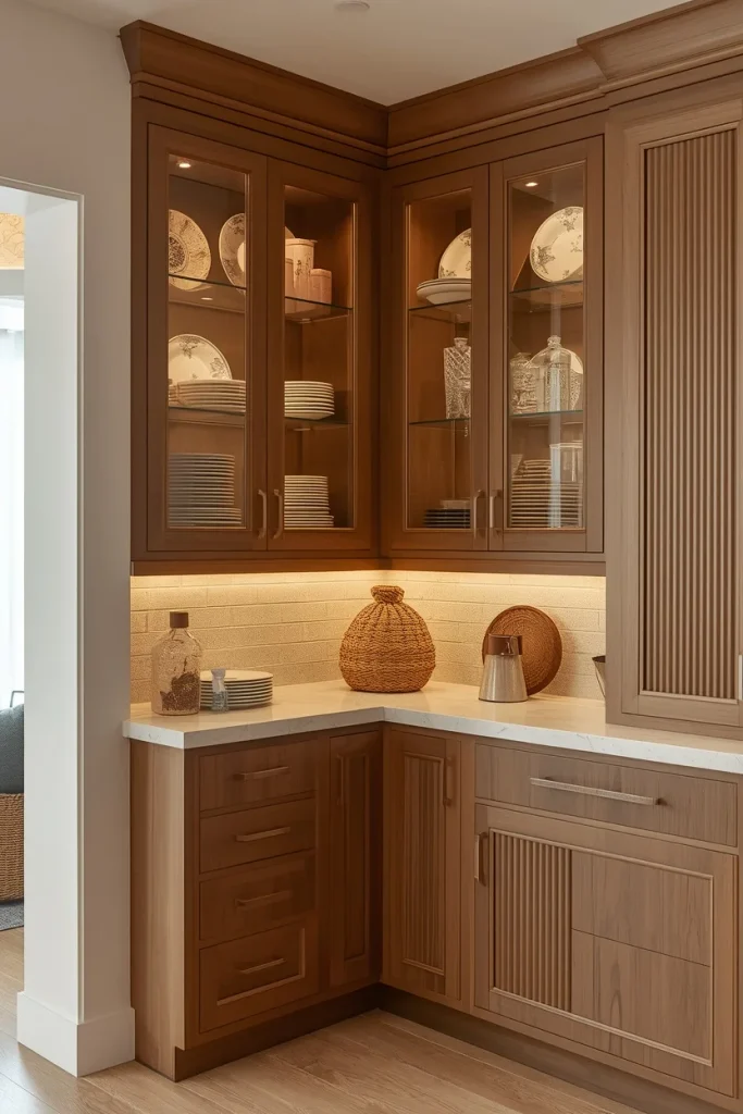 Corner kitchen display hutch with glass cabinet doors