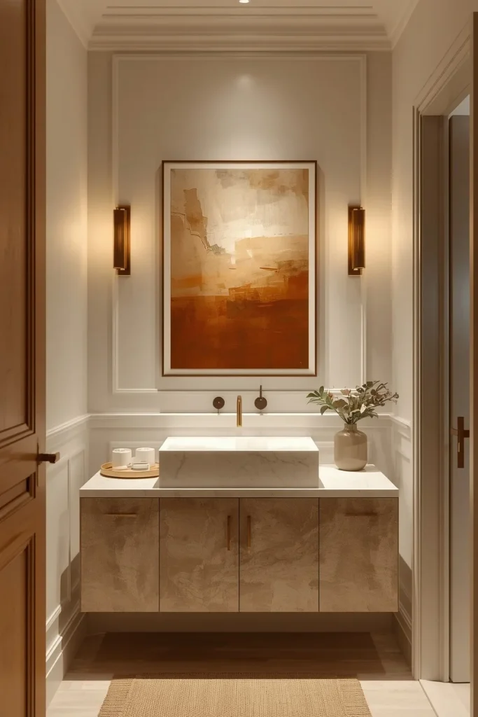 Large artwork displayed in a modern powder room