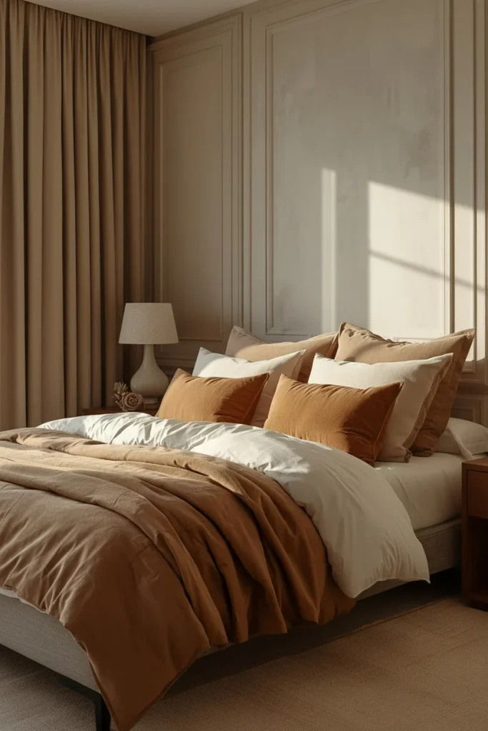 Layered warm neutral bedding in one calming color family