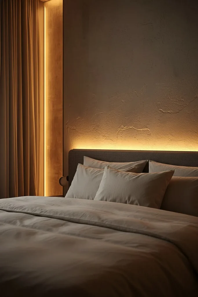 Hidden LED strip lighting behind bedroom furniture