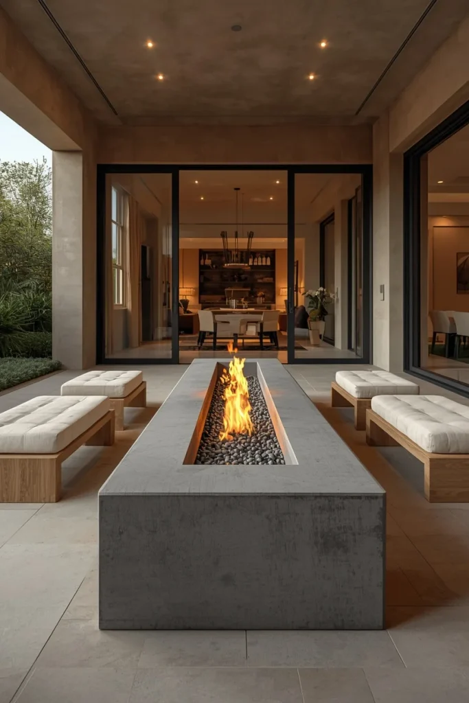 Long concrete fire pit with oak benches on modern patio