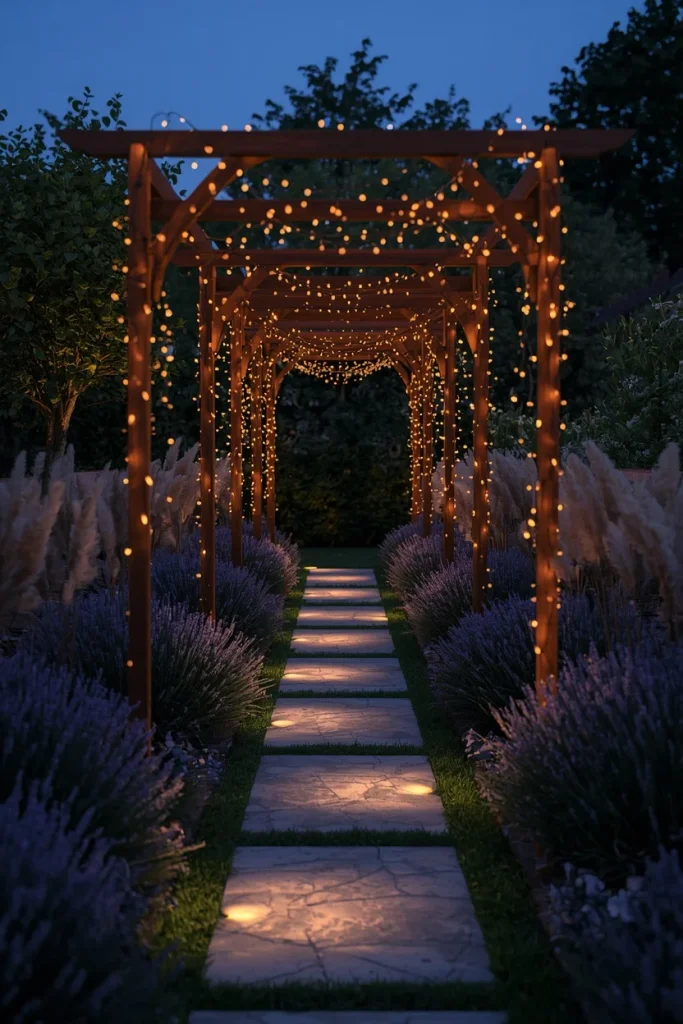Low-hanging café string lights illuminating a backyard pathway