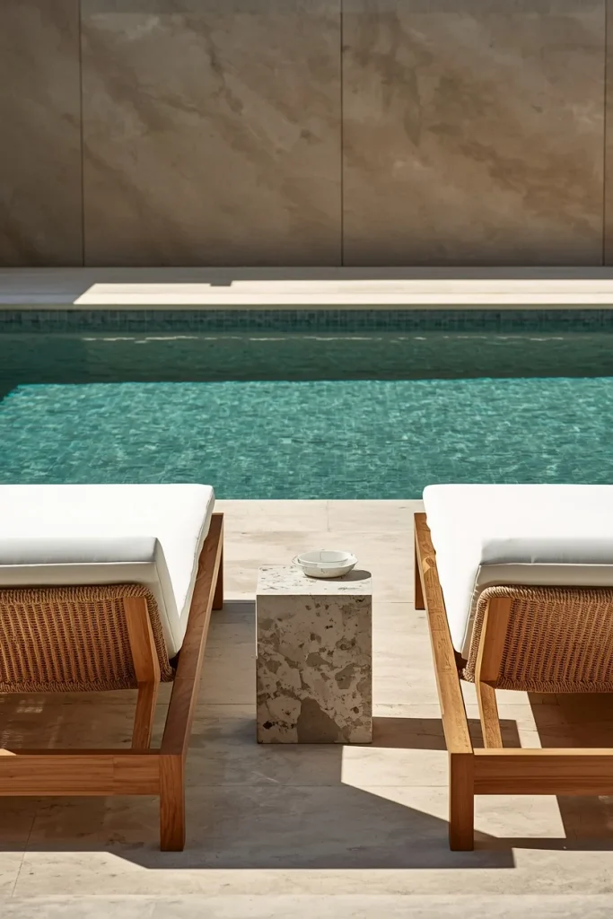 Low teak loungers with woven rope sides poolside