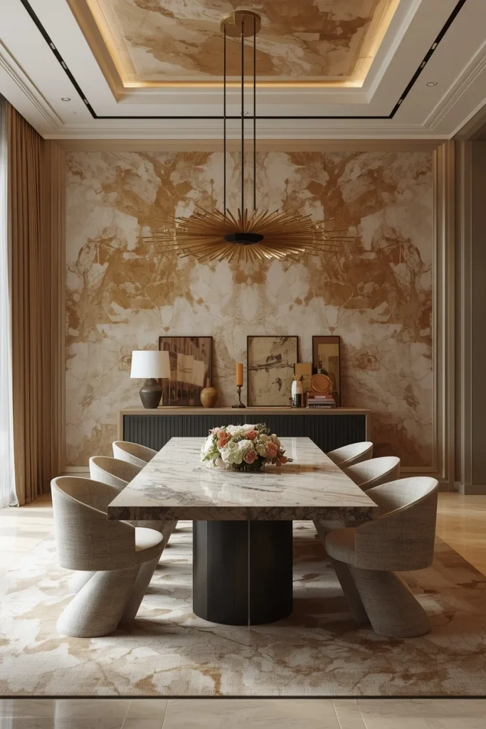Large scale marble effect wallpaper in dining room