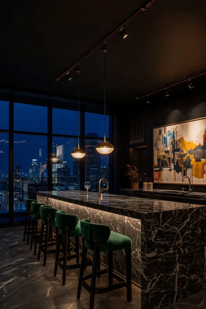 Matte black ceiling adding drama to bright kitchen