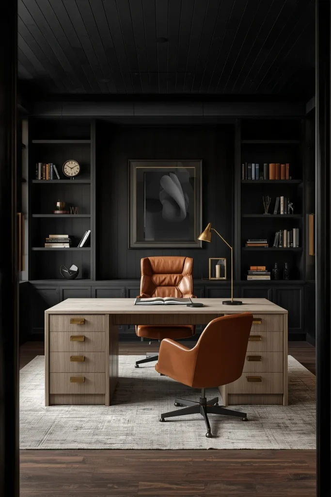 Matte black wood ceiling in a modern home office