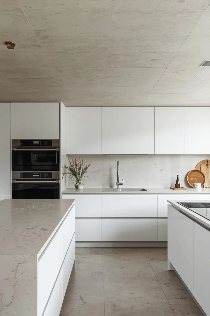 Smooth microcement ceiling in minimalist modern kitchen