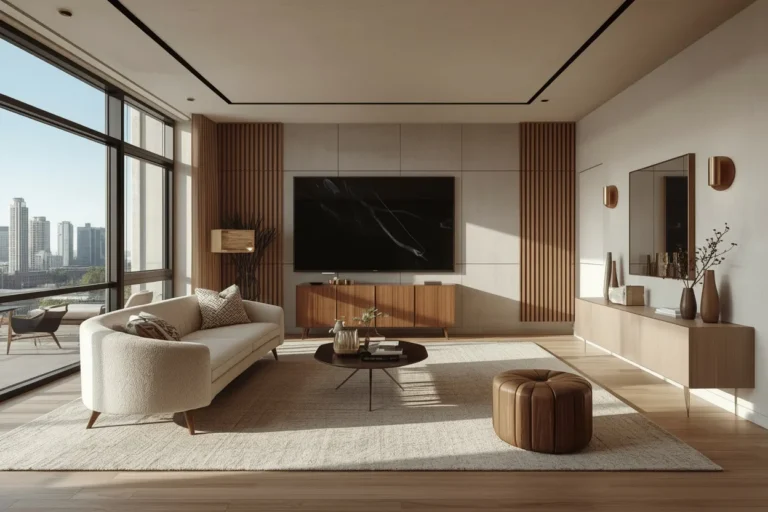 Mid century modern living room with warm wood furniture