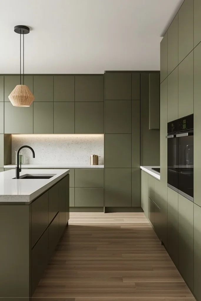 Minimalist green kitchen with sleek handleless cabinets