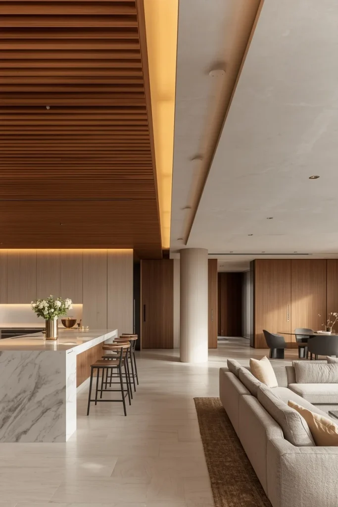 Mixed wood and plaster ceiling dividing an open kitchen and living space