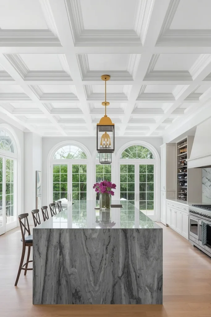 Modern coffered ceiling with simple kitchen design lines
