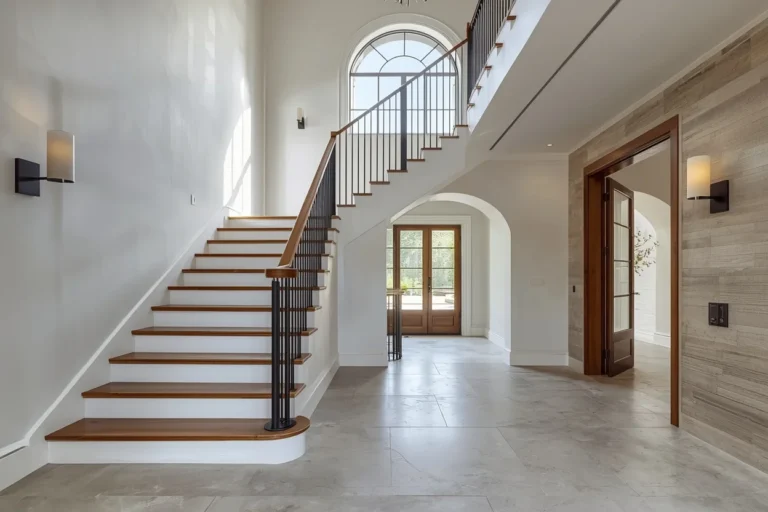 Modern farmhouse staircase with warm wood and black railing