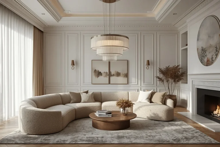 Brass ring chandelier above curved living room sofa