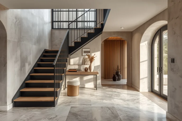 Modern metal staircase with wood treads in a stylish home