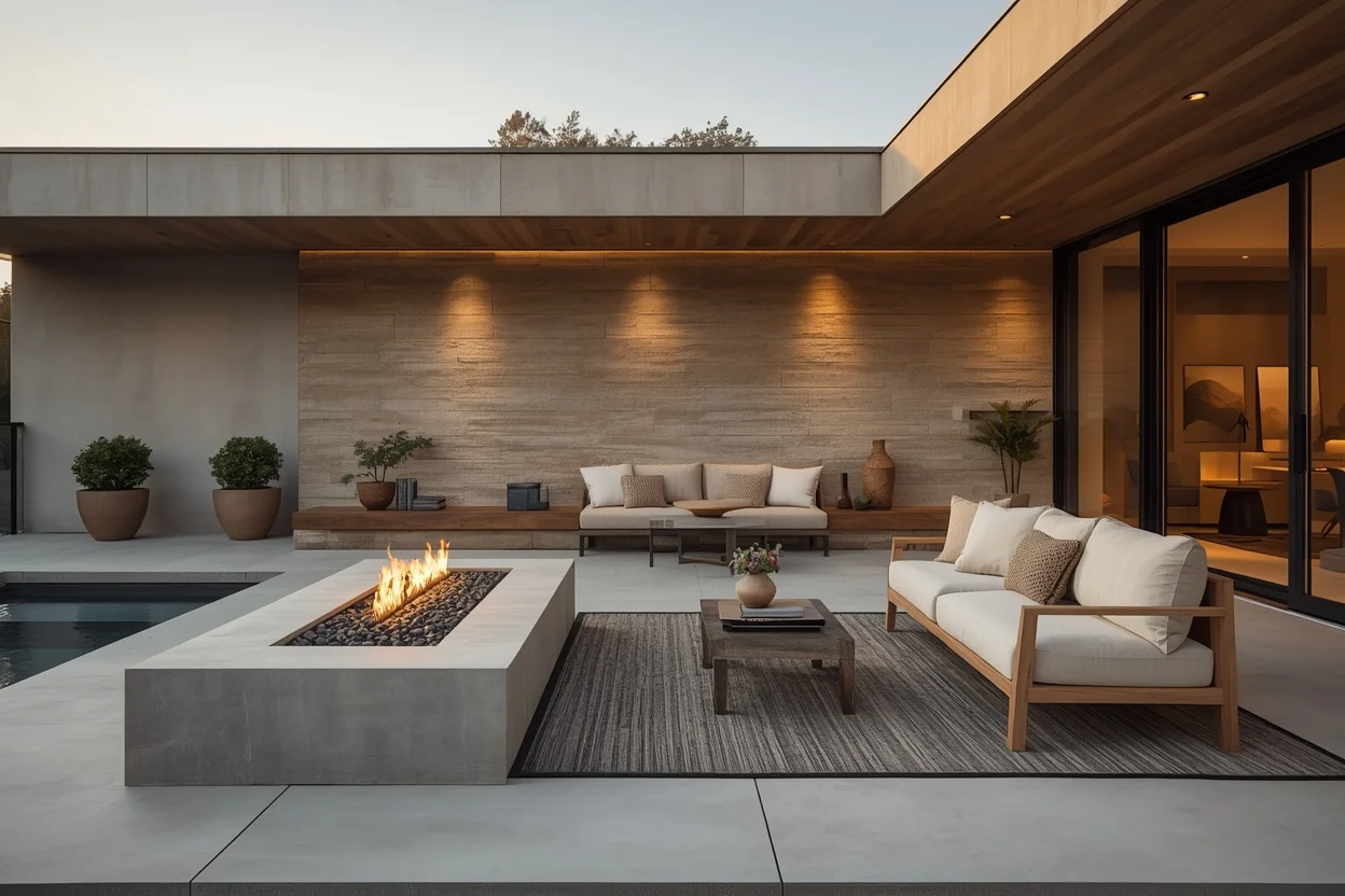 Modern patio with stylish fire pit and cozy outdoor seating