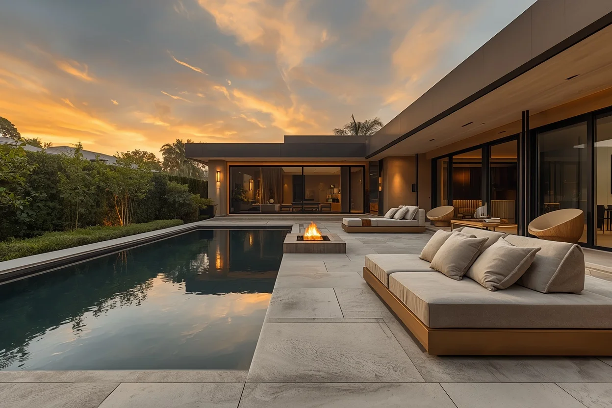 Modern pool design with natural stone and stylish outdoor seating