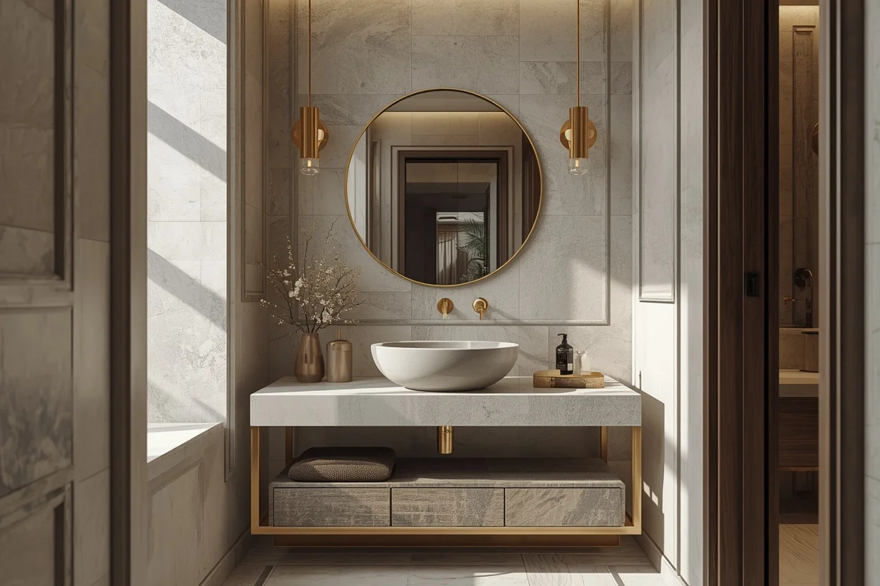 Modern powder room with warm tones and elegant materials