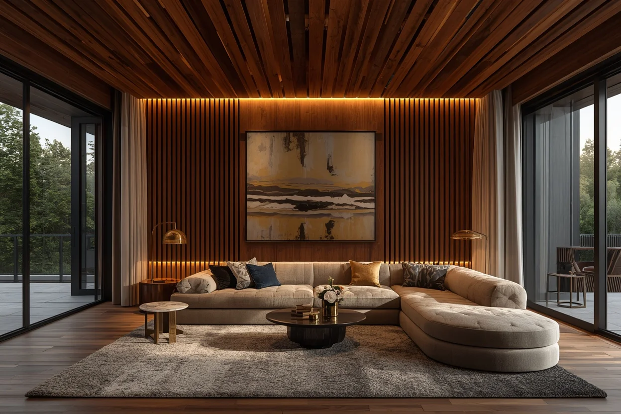 Modern statement ceiling with wood slats and warm lighting