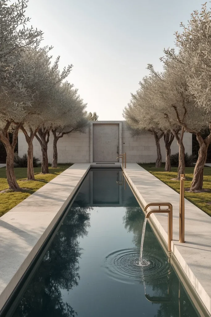 Long narrow lap pool with clean modern landscaping