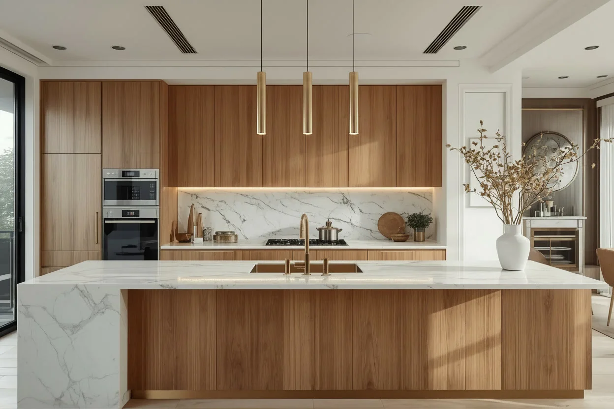 Modern U-shaped kitchen with warm wood cabinets