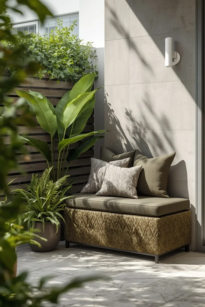 Modular corner bench with neutral outdoor cushions