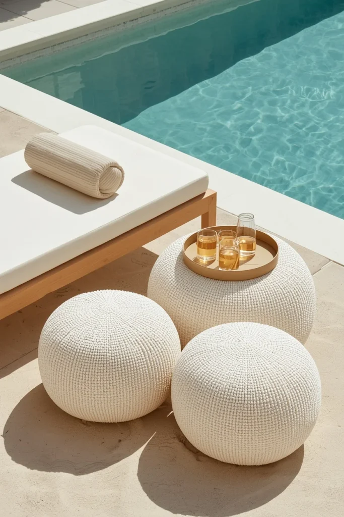 Neutral modular ottomans used beside pool loungers
