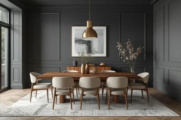 Moody dining room with dark walls and warm lighting
