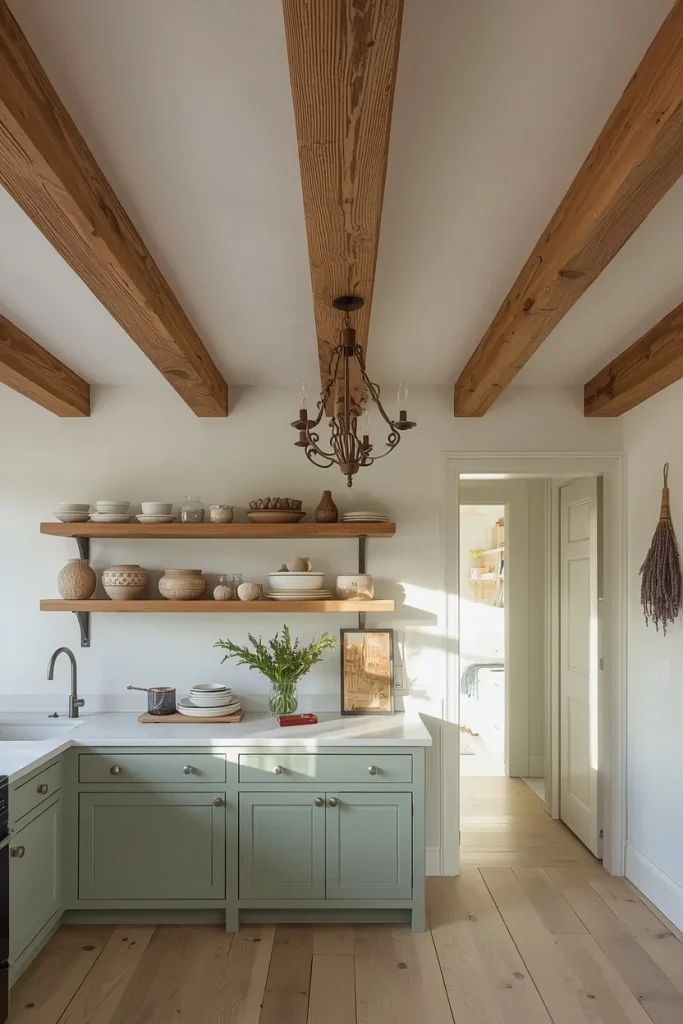 Natural oak beams adding warmth to kitchen ceiling