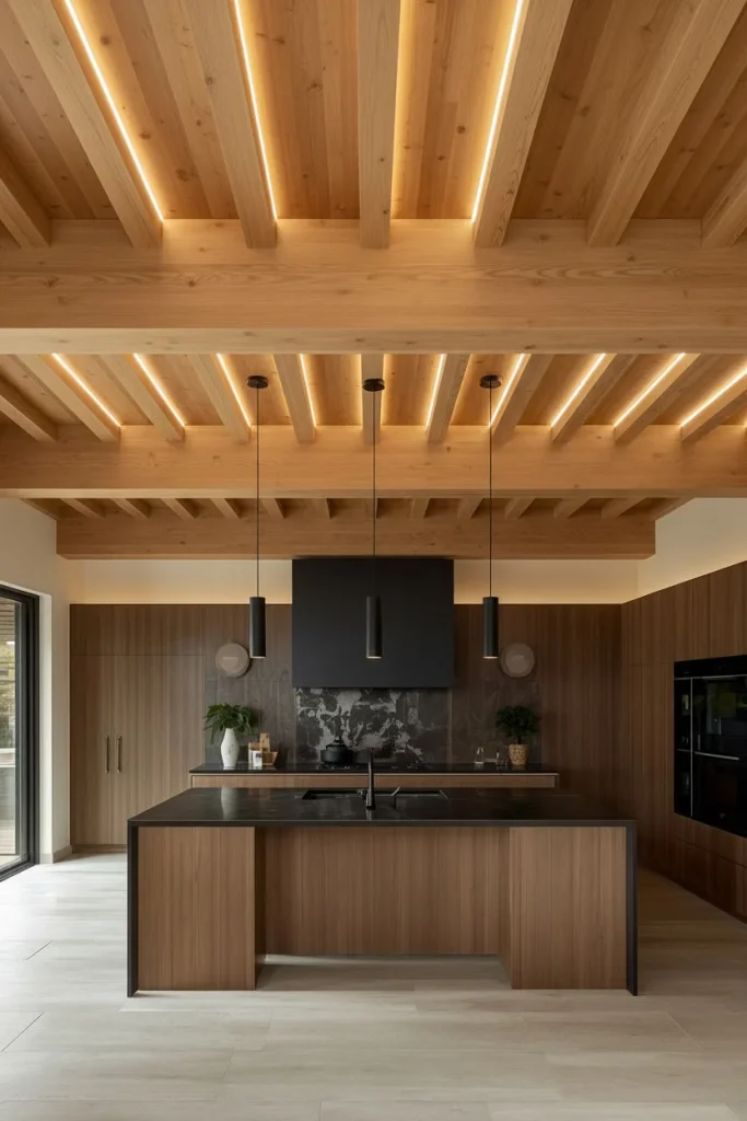 Natural oak beamed ceiling with layered lighting