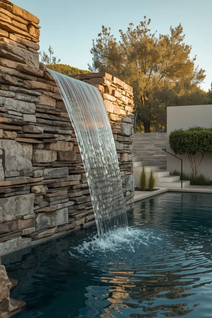 Natural stone water wall flowing beside modern pool