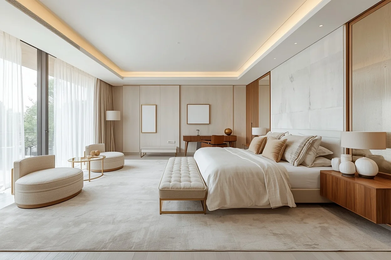 Warm neutral bedroom with layered beige, oak, and linen textures