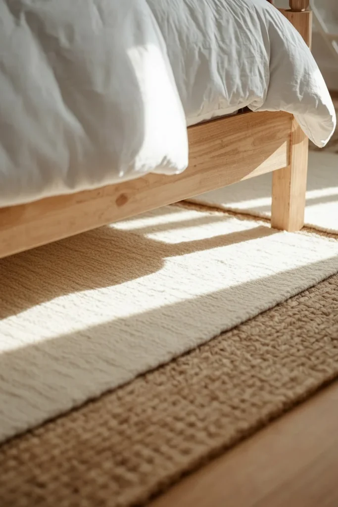 Neutral layered rug beneath farmhouse bedroom bed