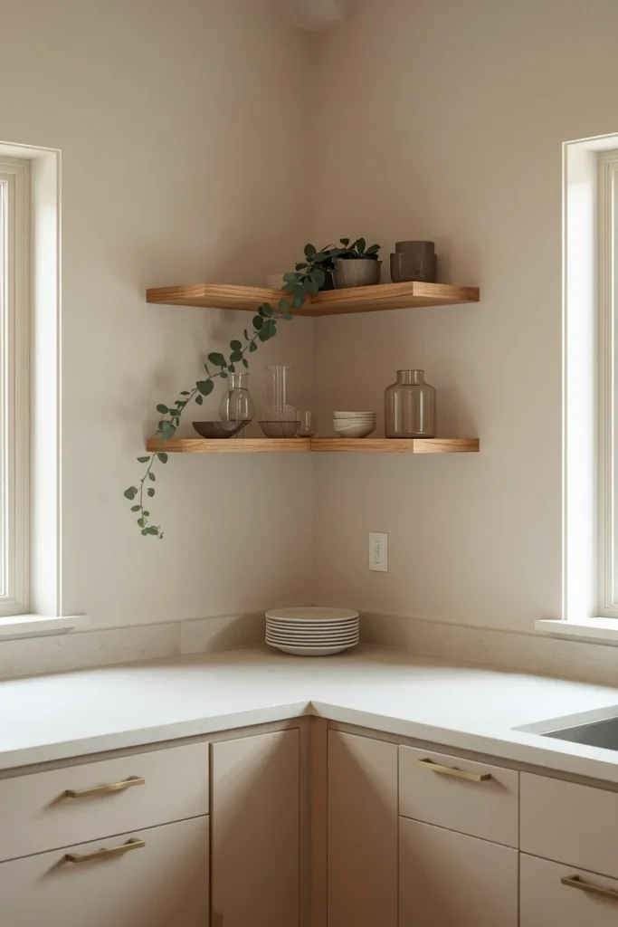 Open oak corner shelves in modern kitchen