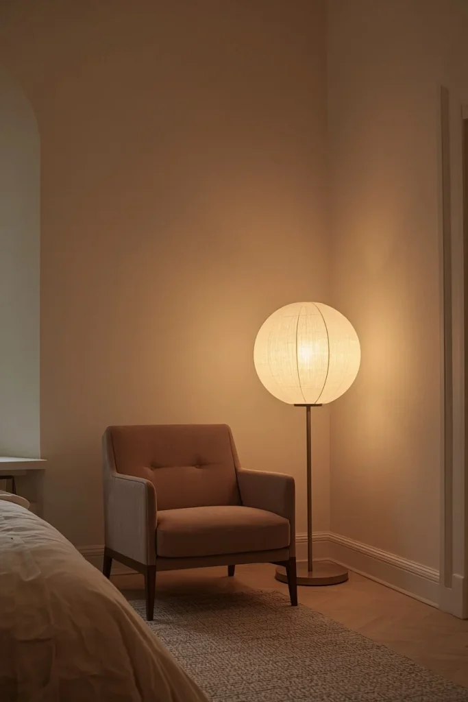 Oversized linen globe floor lamp in cozy corner