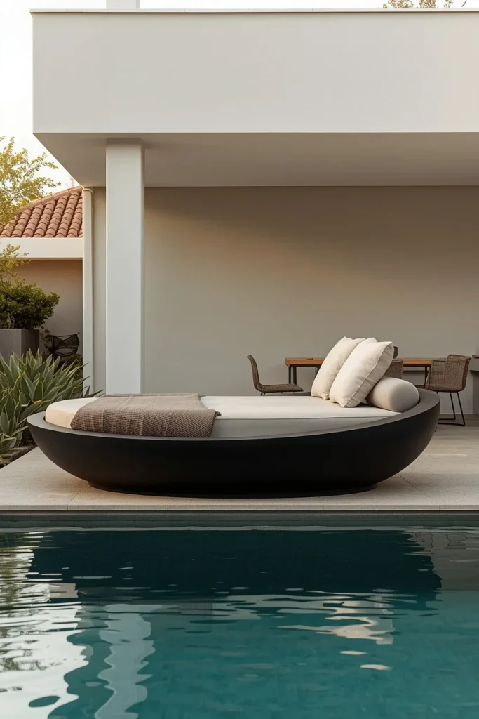 Comfortable outdoor daybed positioned beside swimming pool