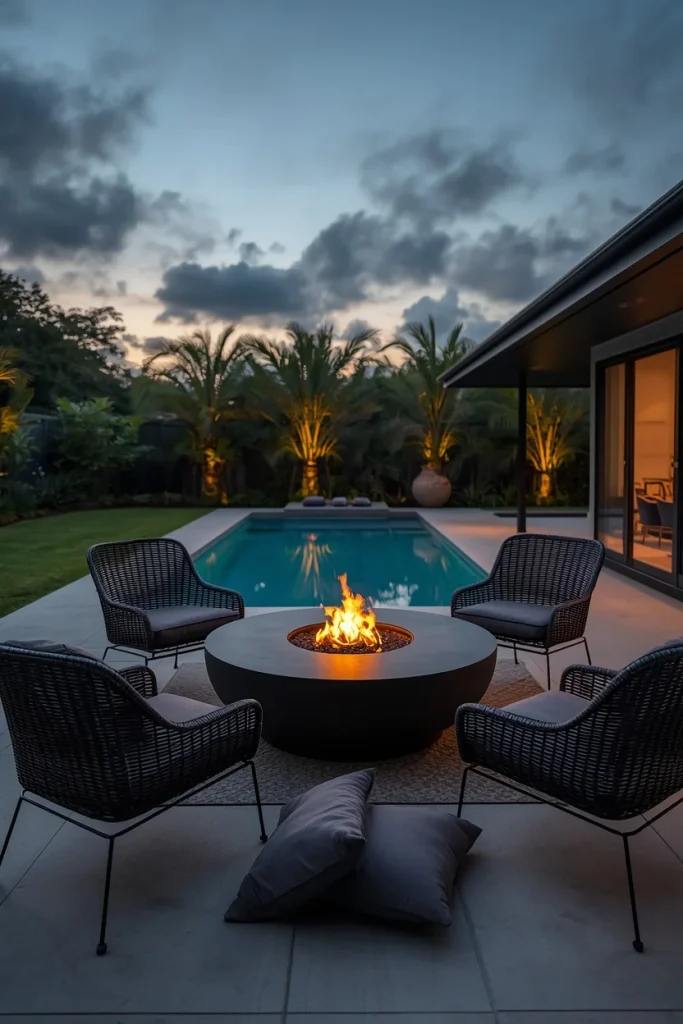 Outdoor fire table with chairs near pool