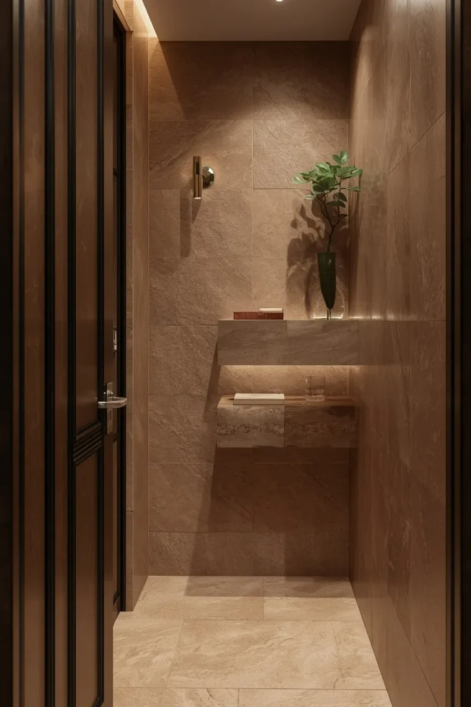 Private water closet with elegant stone bathroom finishes