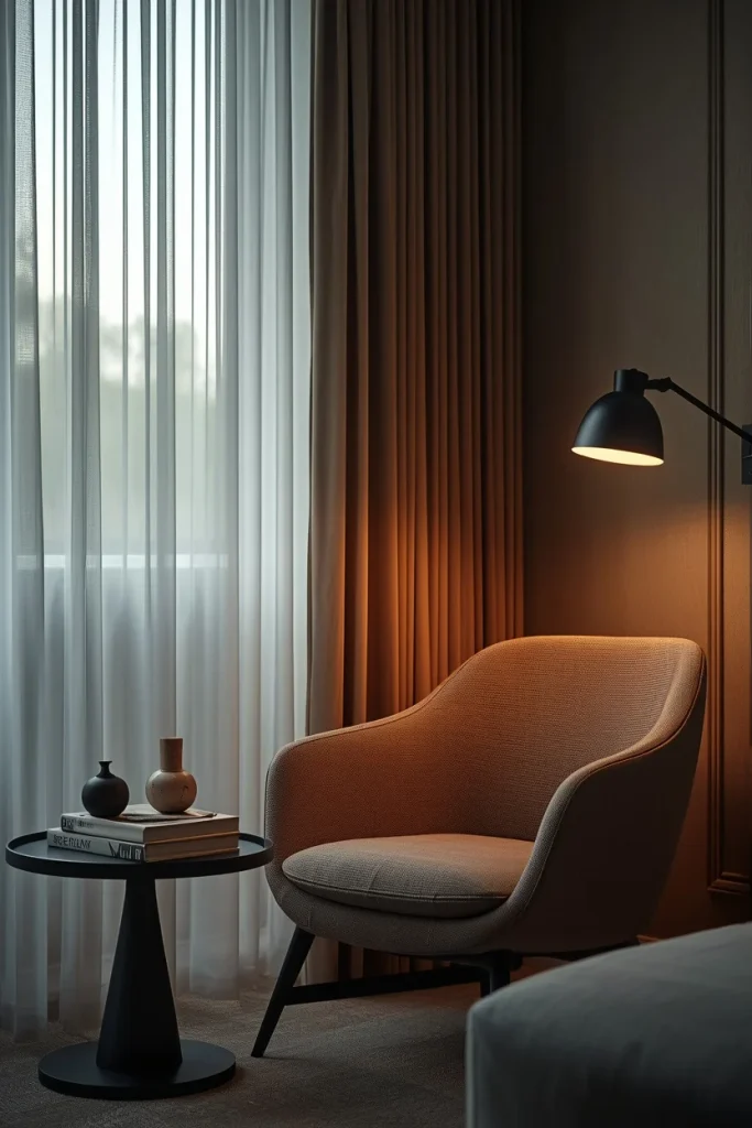 Reading lamp beside comfortable chair in cozy room