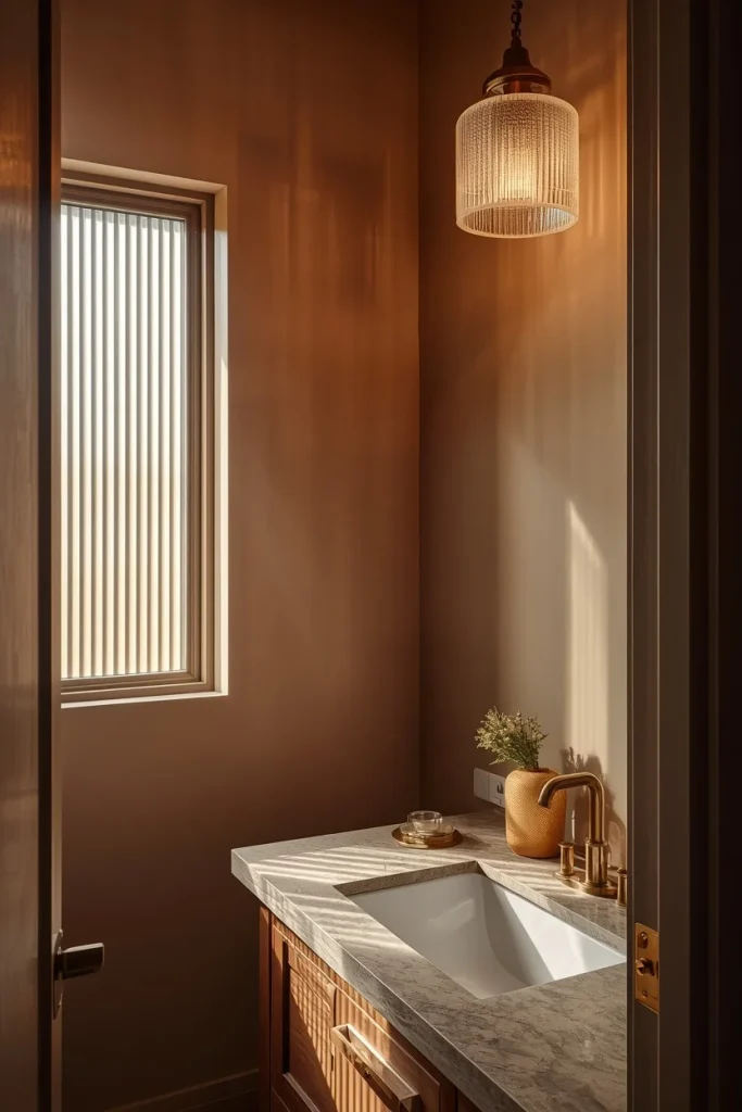 Ribbed glass details in a modern powder room