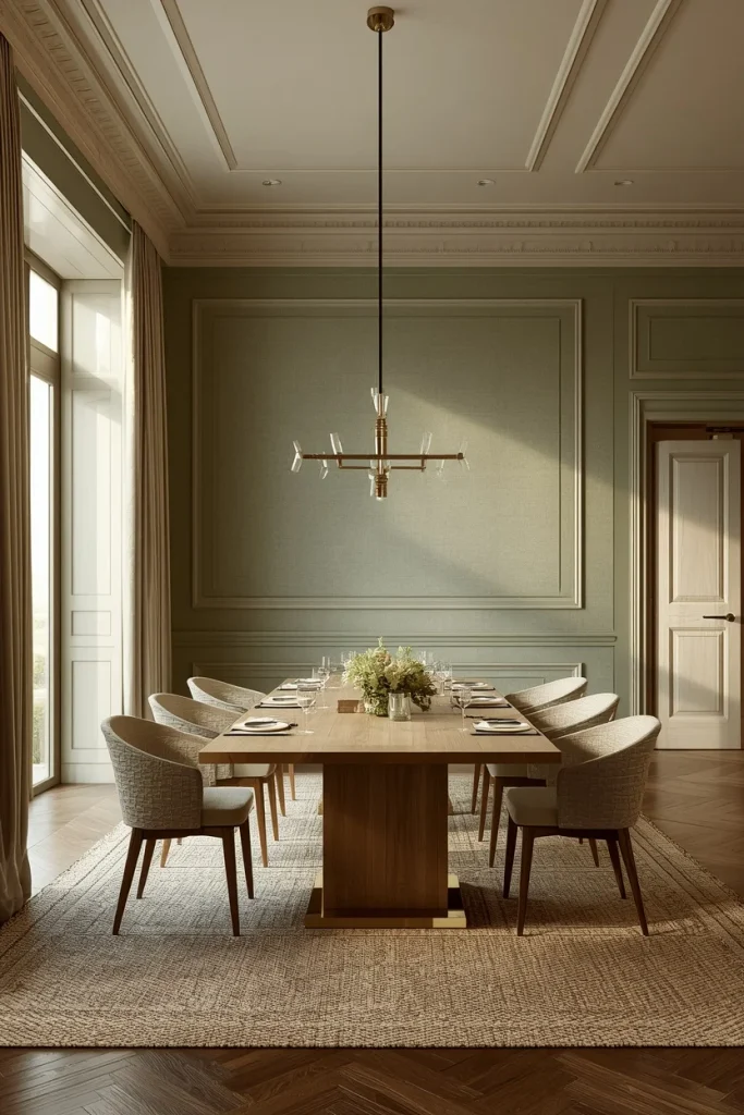 Soft sage green wallpaper in modern dining room