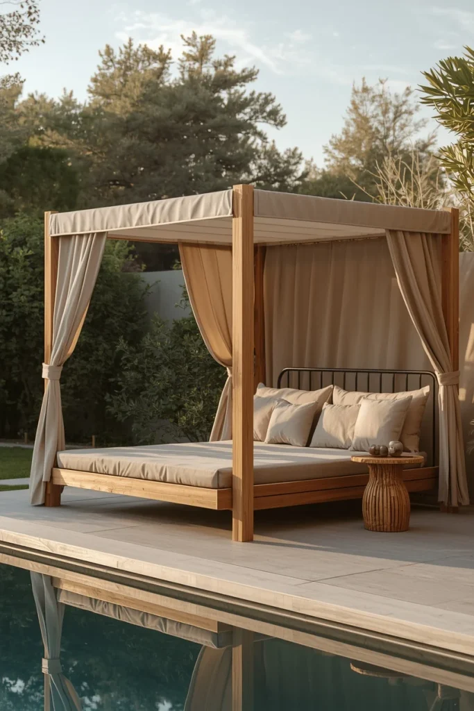 Shaded cabana with daybed beside swimming pool