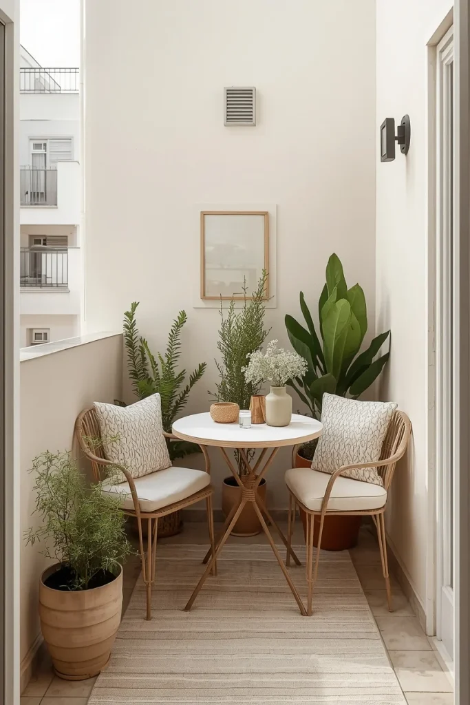 Small balcony decorated with warm neutral and olive tones
