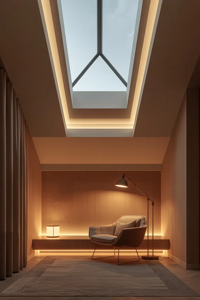 Skylight ceiling with warm layered interior lighting